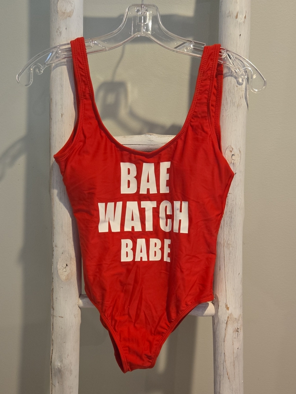 Red One-Piece Swimsuit with White 'BAE WATCH BABE' Graphic Small NWT Woman